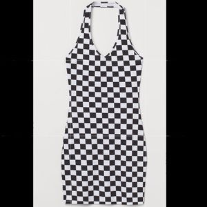 Black and White Checkered Bodycon Halter Dress